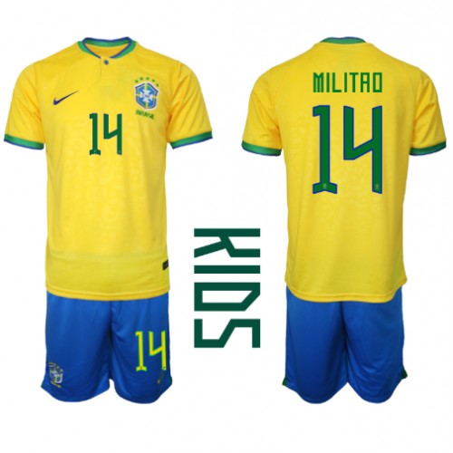 Otroški Nogometni dresi Brazilija Eder Militao #14 Domači SP 2022 Kratek Rokav (+ Kratke hlače)